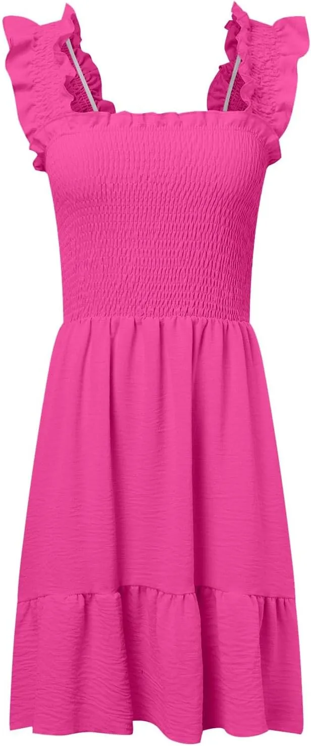 Women Summer Casual Sleeveless Square Neck Smocked Ruffle Backless Boho Mini Dress Flowy Beach Cute Swing Dress