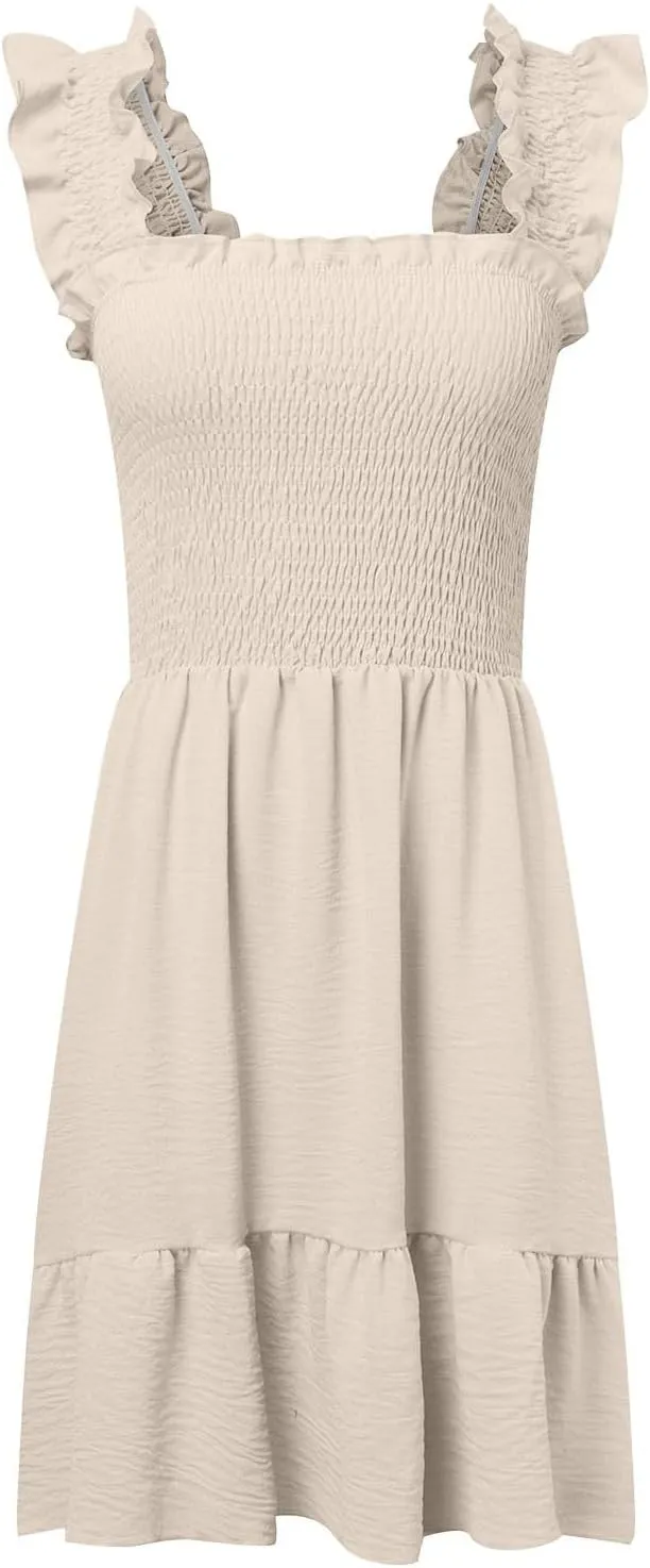Women Summer Casual Sleeveless Square Neck Smocked Ruffle Backless Boho Mini Dress Flowy Beach Cute Swing Dress