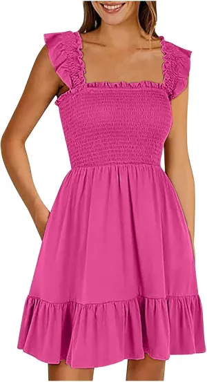 Women Summer Casual Sleeveless Square Neck Smocked Ruffle Backless Boho Mini Dress Flowy Beach Cute Swing Dress