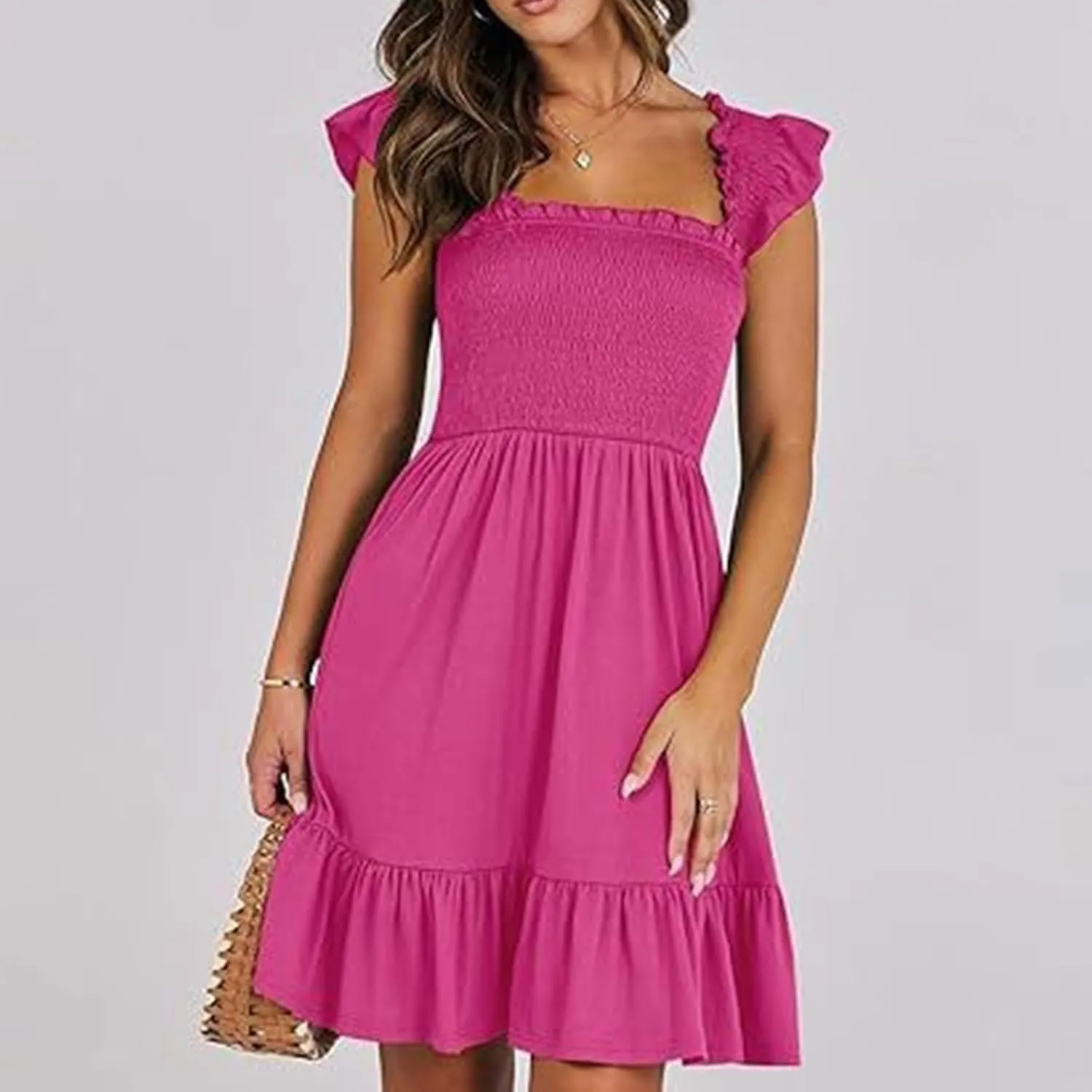 Women Summer Casual Sleeveless Square Neck Smocked Ruffle Backless Boho Mini Dress Flowy Beach Cute Swing Dress