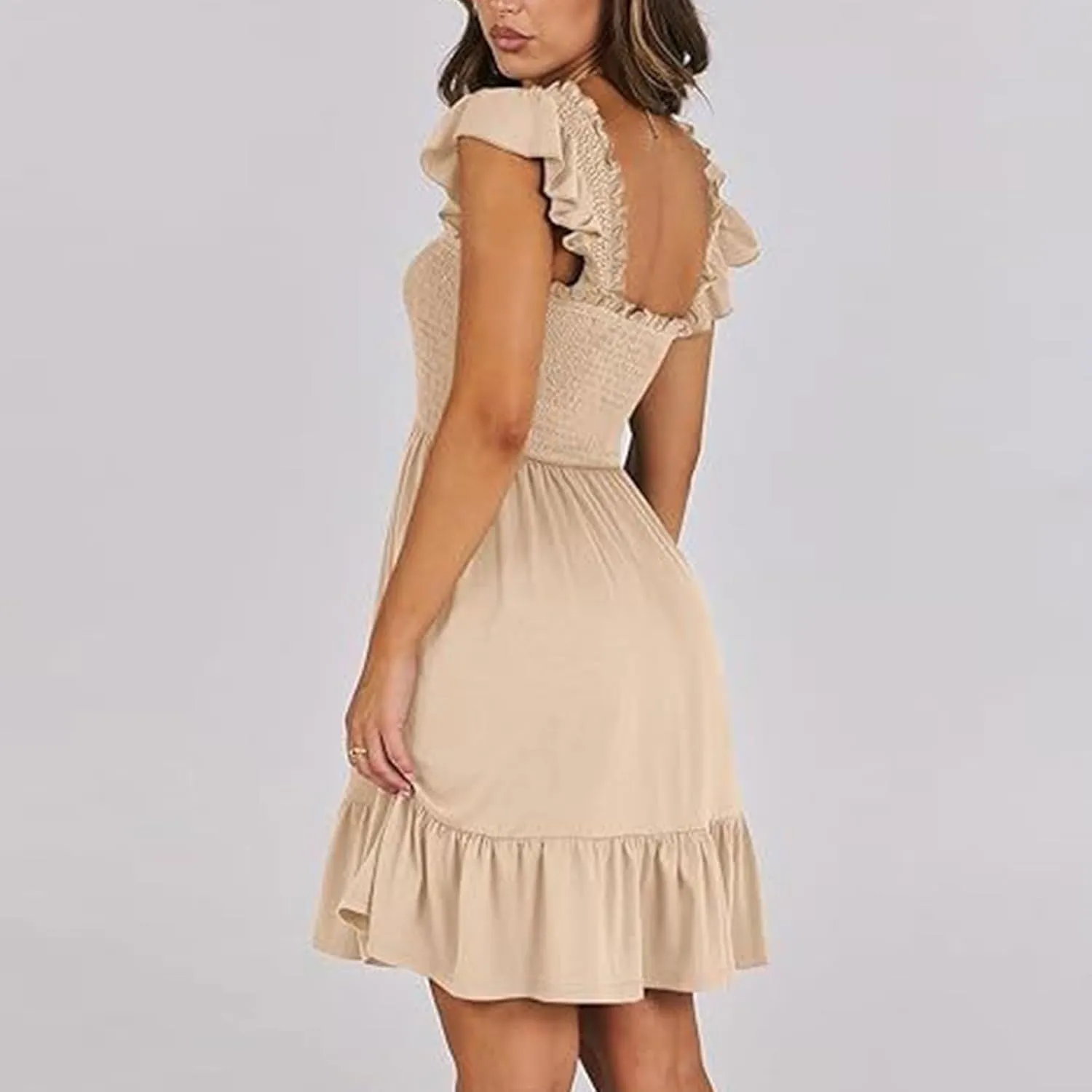 Women Summer Casual Sleeveless Square Neck Smocked Ruffle Backless Boho Mini Dress Flowy Beach Cute Swing Dress