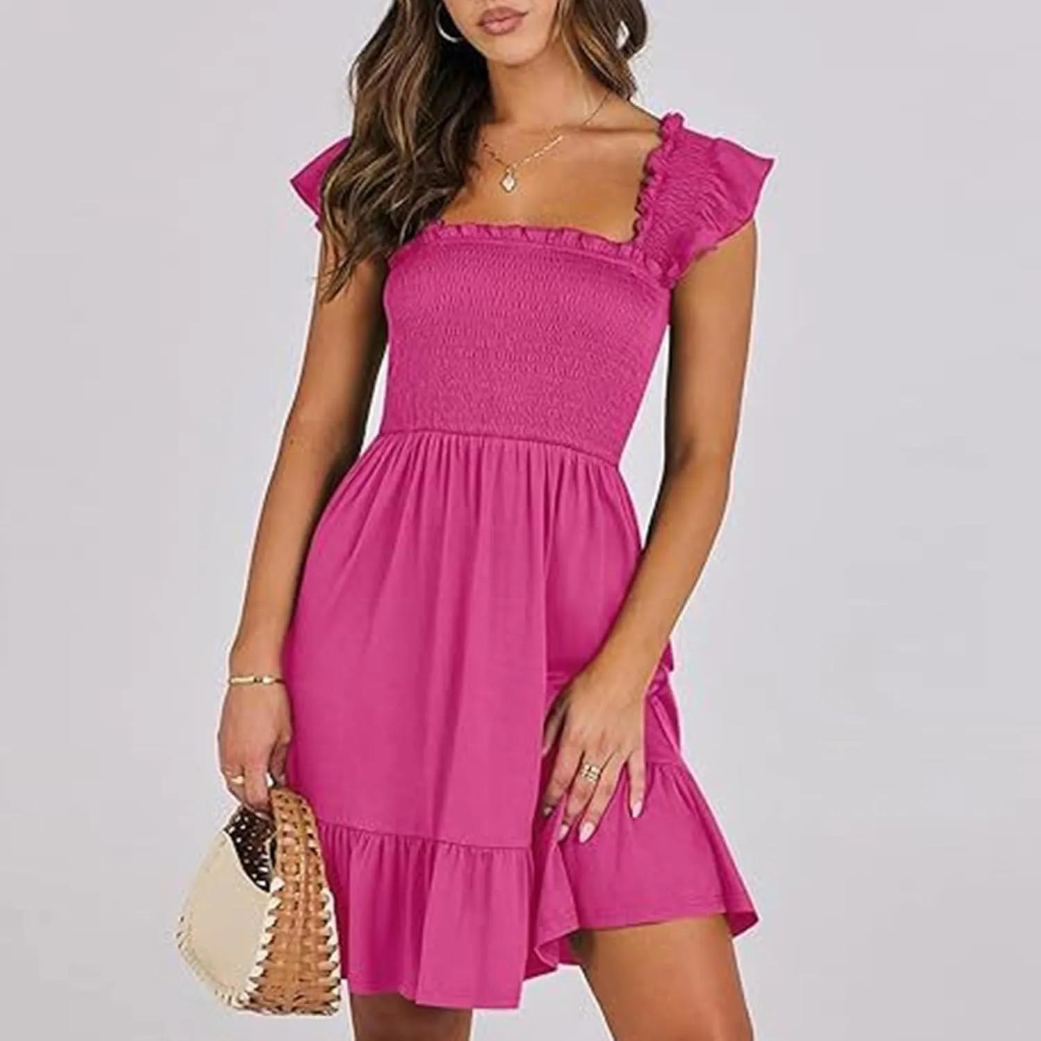 Women Summer Casual Sleeveless Square Neck Smocked Ruffle Backless Boho Mini Dress Flowy Beach Cute Swing Dress