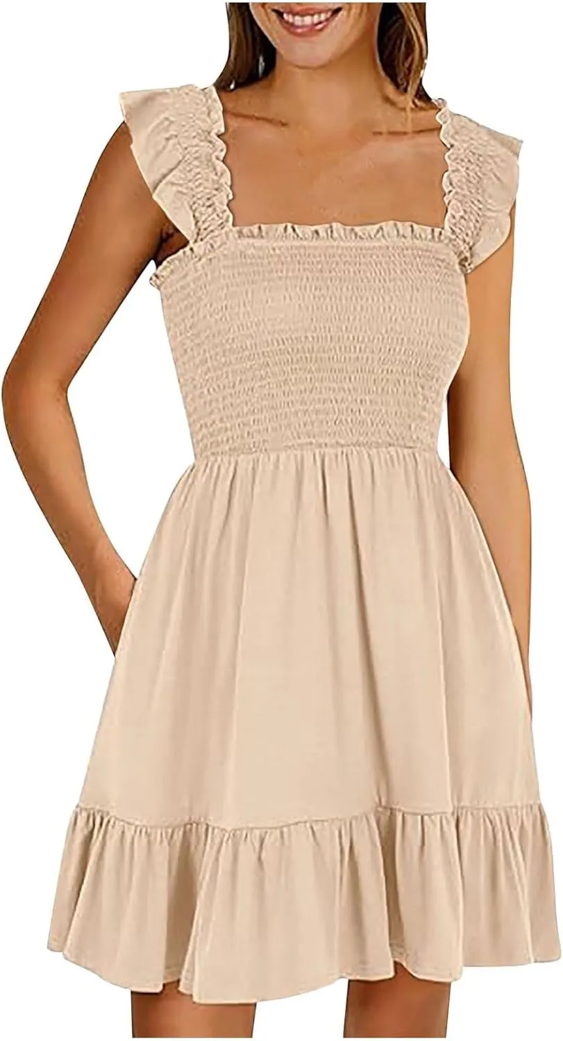 Women Summer Casual Sleeveless Square Neck Smocked Ruffle Backless Boho Mini Dress Flowy Beach Cute Swing Dress