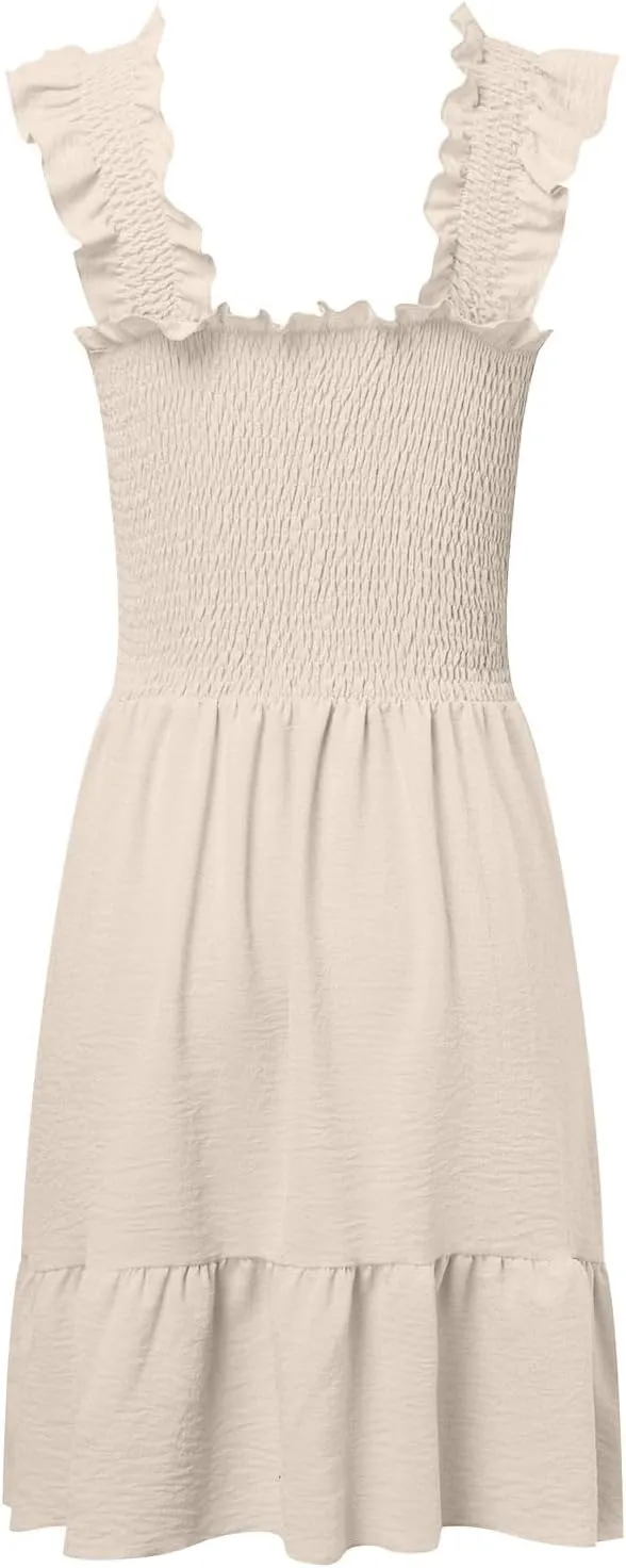 Women Summer Casual Sleeveless Square Neck Smocked Ruffle Backless Boho Mini Dress Flowy Beach Cute Swing Dress
