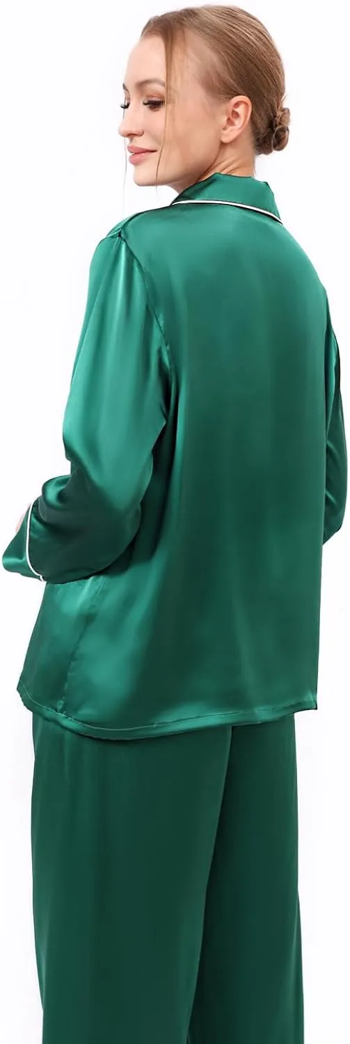 Womens 100% Mulberry Silk Pajama Set Long Sleeve Button Down Sleepwear for Sensitive Skin