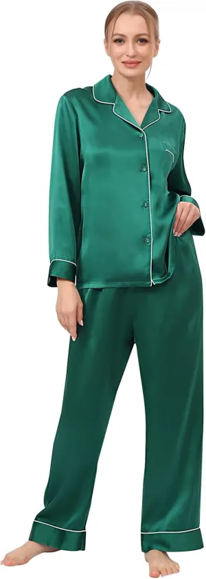 Womens 100% Mulberry Silk Pajama Set Long Sleeve Button Down Sleepwear for Sensitive Skin