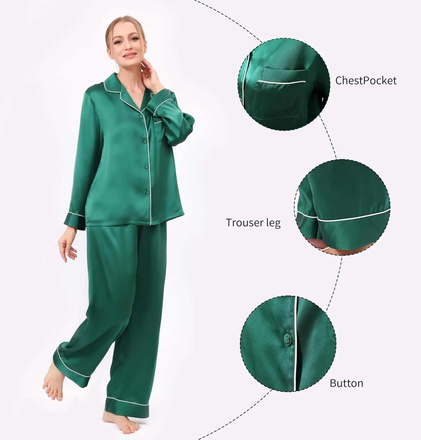 Womens 100% Mulberry Silk Pajama Set Long Sleeve Button Down Sleepwear for Sensitive Skin