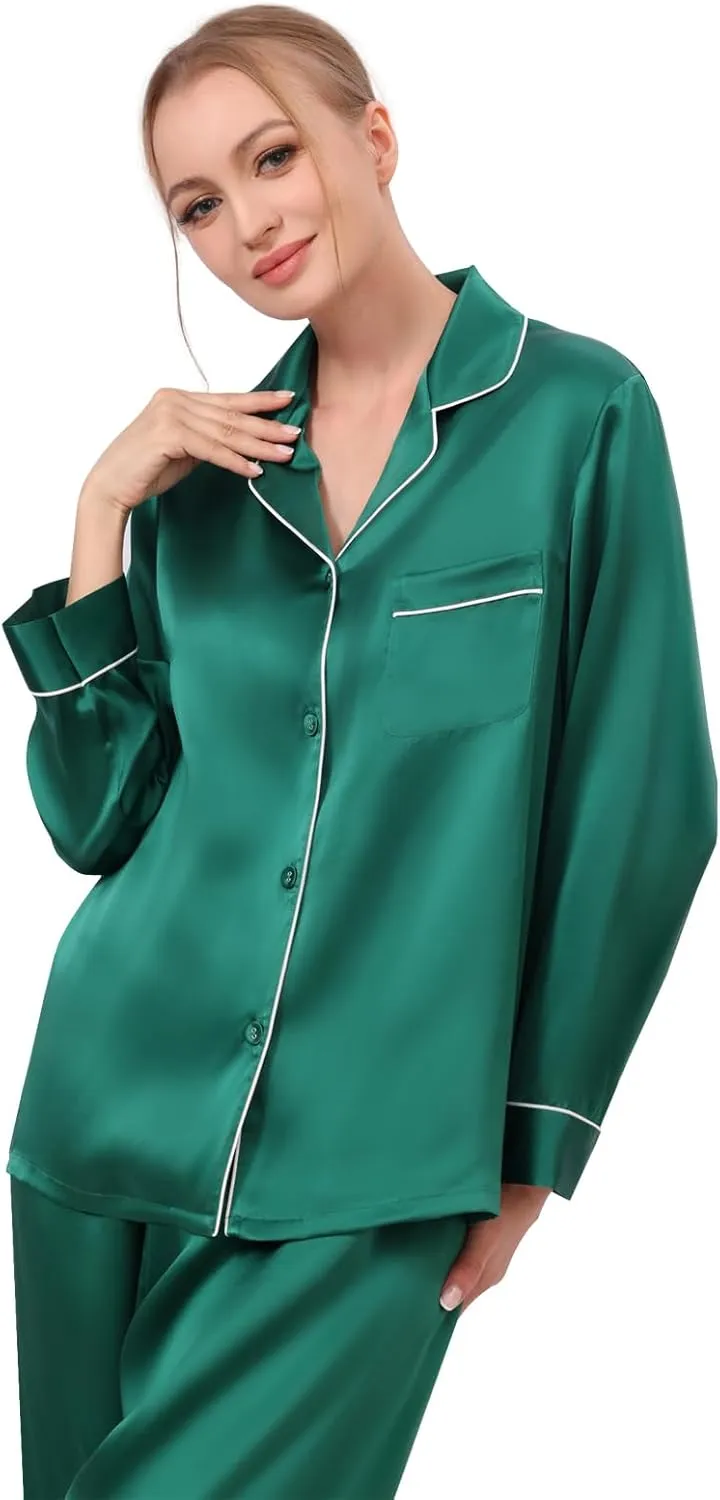 Womens 100% Mulberry Silk Pajama Set Long Sleeve Button Down Sleepwear for Sensitive Skin