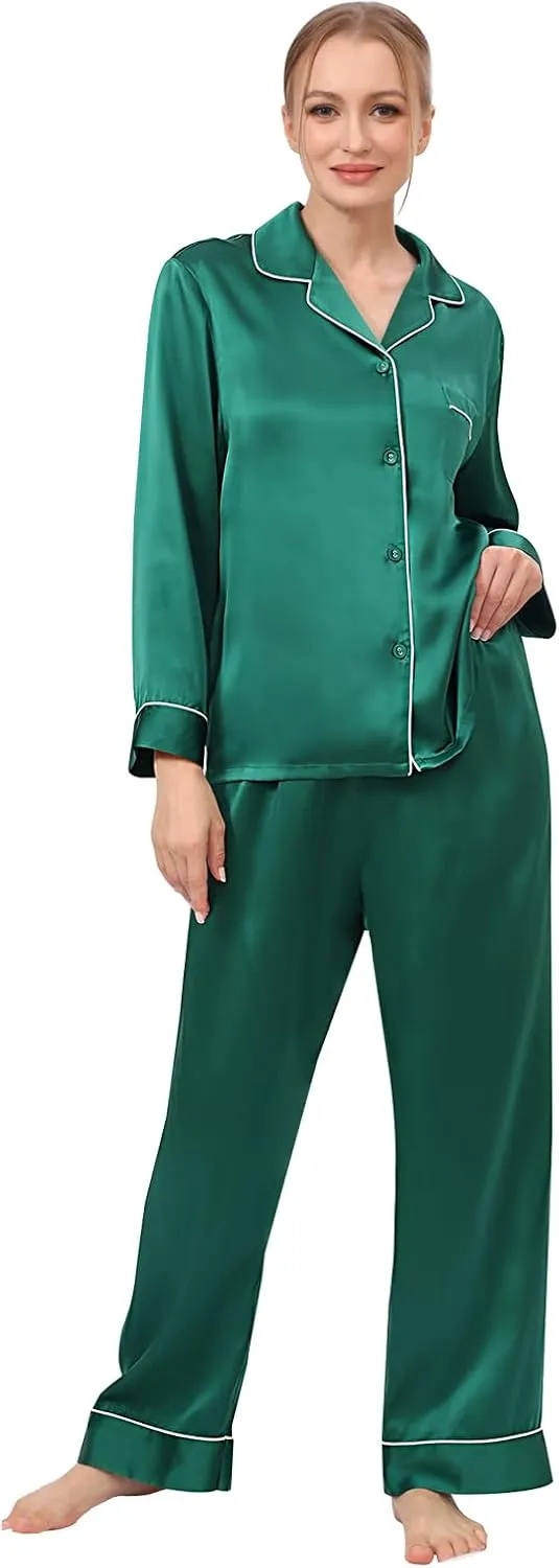 Womens 100% Mulberry Silk Pajama Set Long Sleeve Button Down Sleepwear for Sensitive Skin