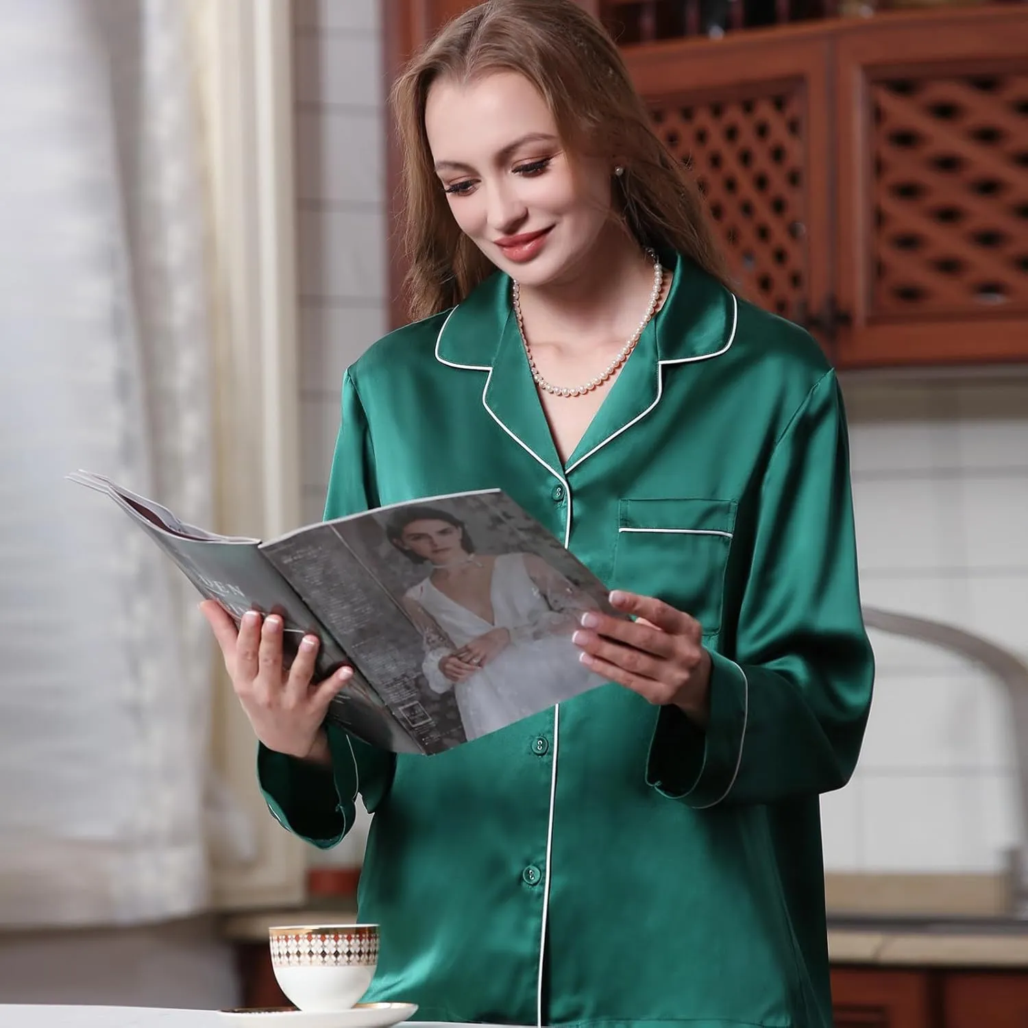 Womens 100% Mulberry Silk Pajama Set Long Sleeve Button Down Sleepwear for Sensitive Skin