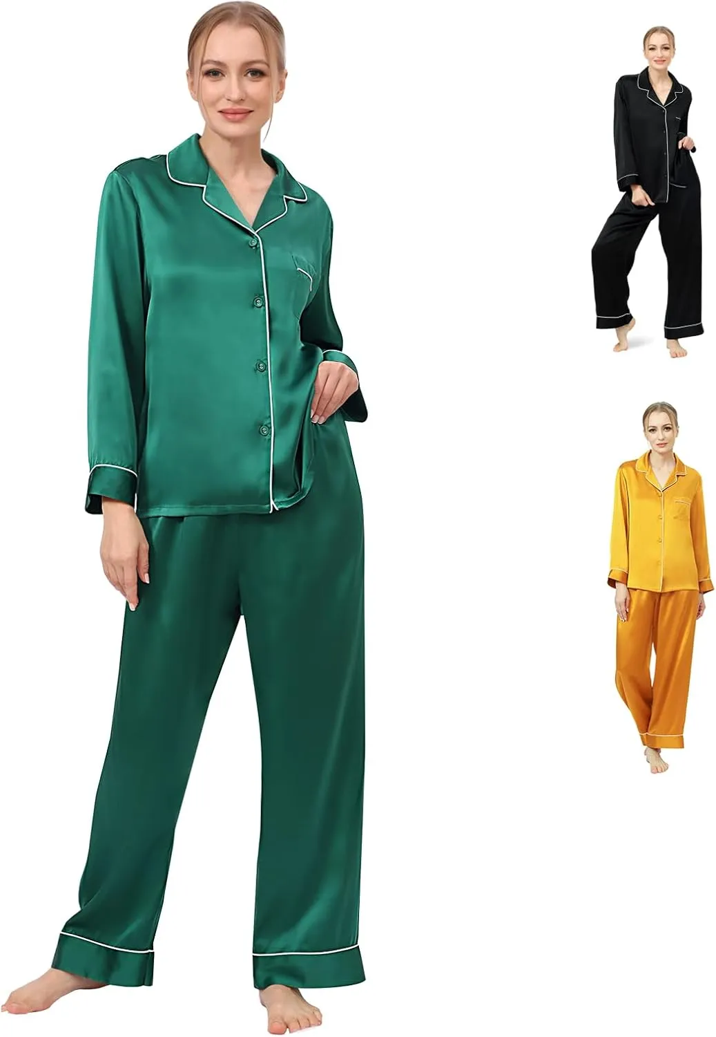 Womens 100% Mulberry Silk Pajama Set Long Sleeve Button Down Sleepwear for Sensitive Skin