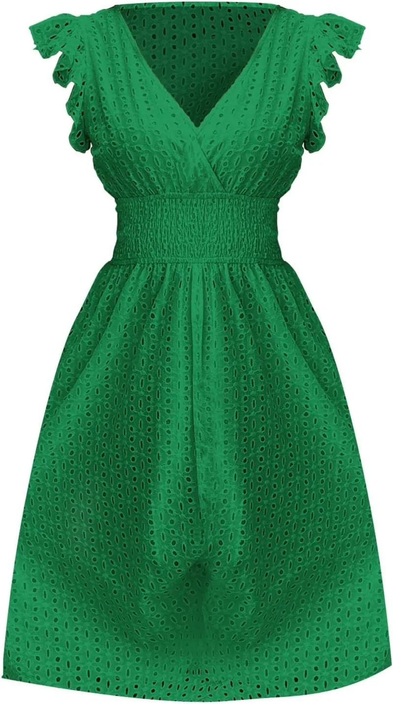 Women's 2025 Eyelet Lace Embroidery Smocked Waist Party Dresses Sexy Flutter Sleeve A Line Midi Long Summer Sundress