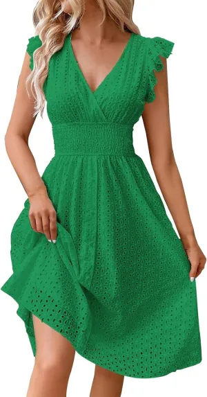 Women's 2025 Eyelet Lace Embroidery Smocked Waist Party Dresses Sexy Flutter Sleeve A Line Midi Long Summer Sundress