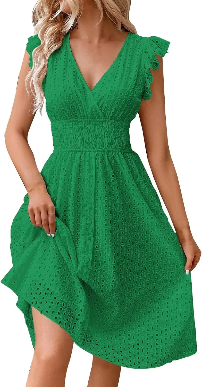 Women's 2025 Eyelet Lace Embroidery Smocked Waist Party Dresses Sexy Flutter Sleeve A Line Midi Long Summer Sundress