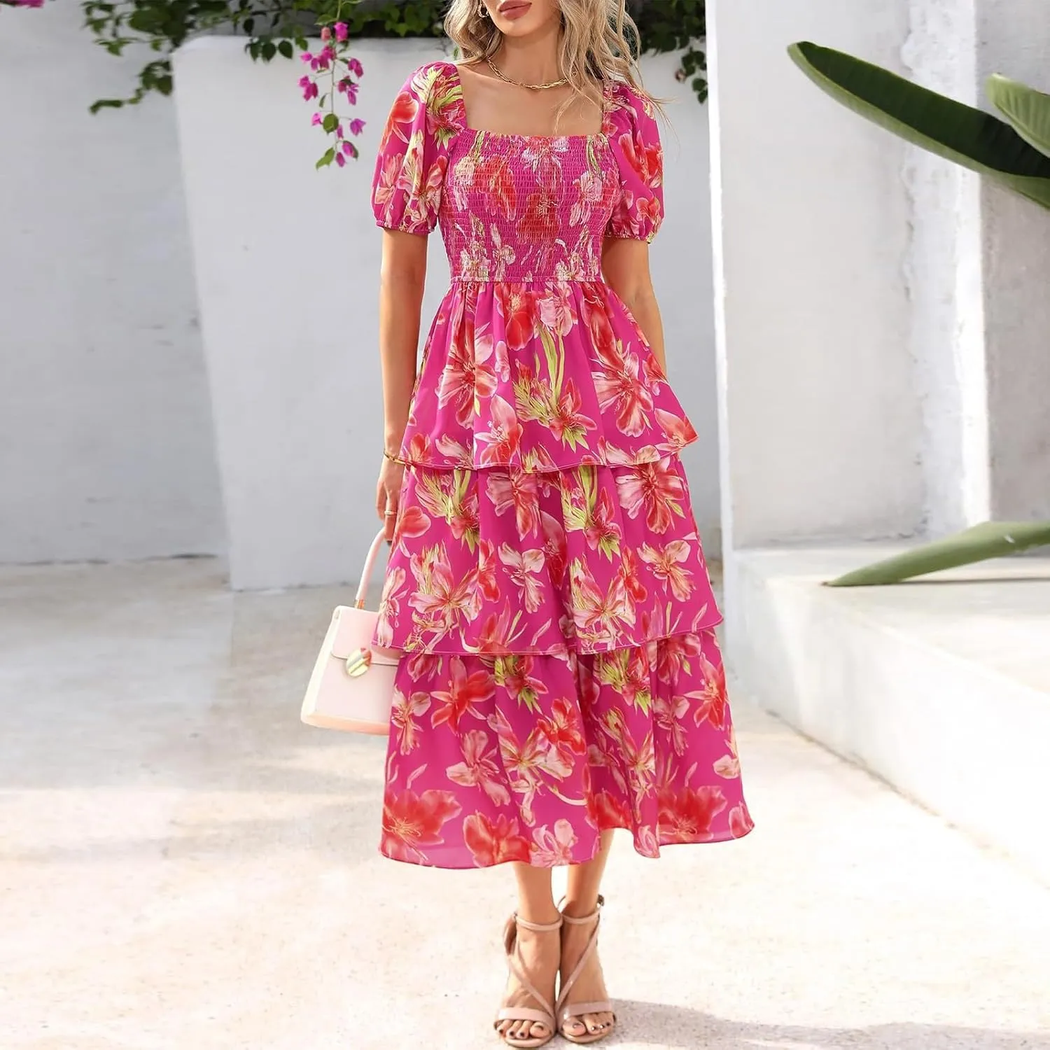Women's 2025 Floral Summer Long Midi Dress Square Neck Short Sleeve Smocked Ruffle Tiered Layered Boho Swing Dresses