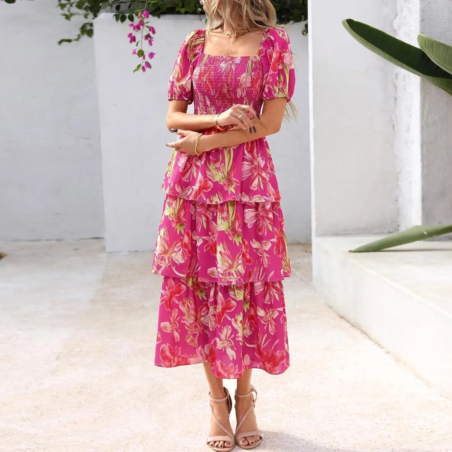 Women's 2025 Floral Summer Long Midi Dress Square Neck Short Sleeve Smocked Ruffle Tiered Layered Boho Swing Dresses