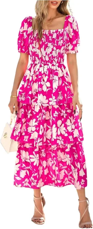 Women's 2025 Floral Summer Long Midi Dress Square Neck Short Sleeve Smocked Ruffle Tiered Layered Boho Swing Dresses