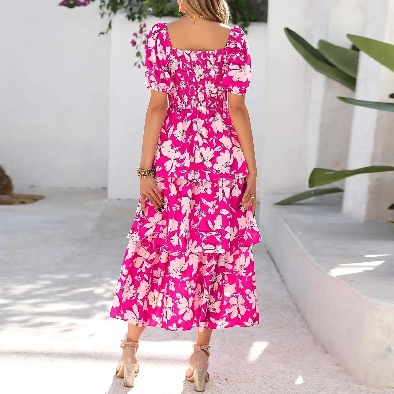 Women's 2025 Floral Summer Long Midi Dress Square Neck Short Sleeve Smocked Ruffle Tiered Layered Boho Swing Dresses