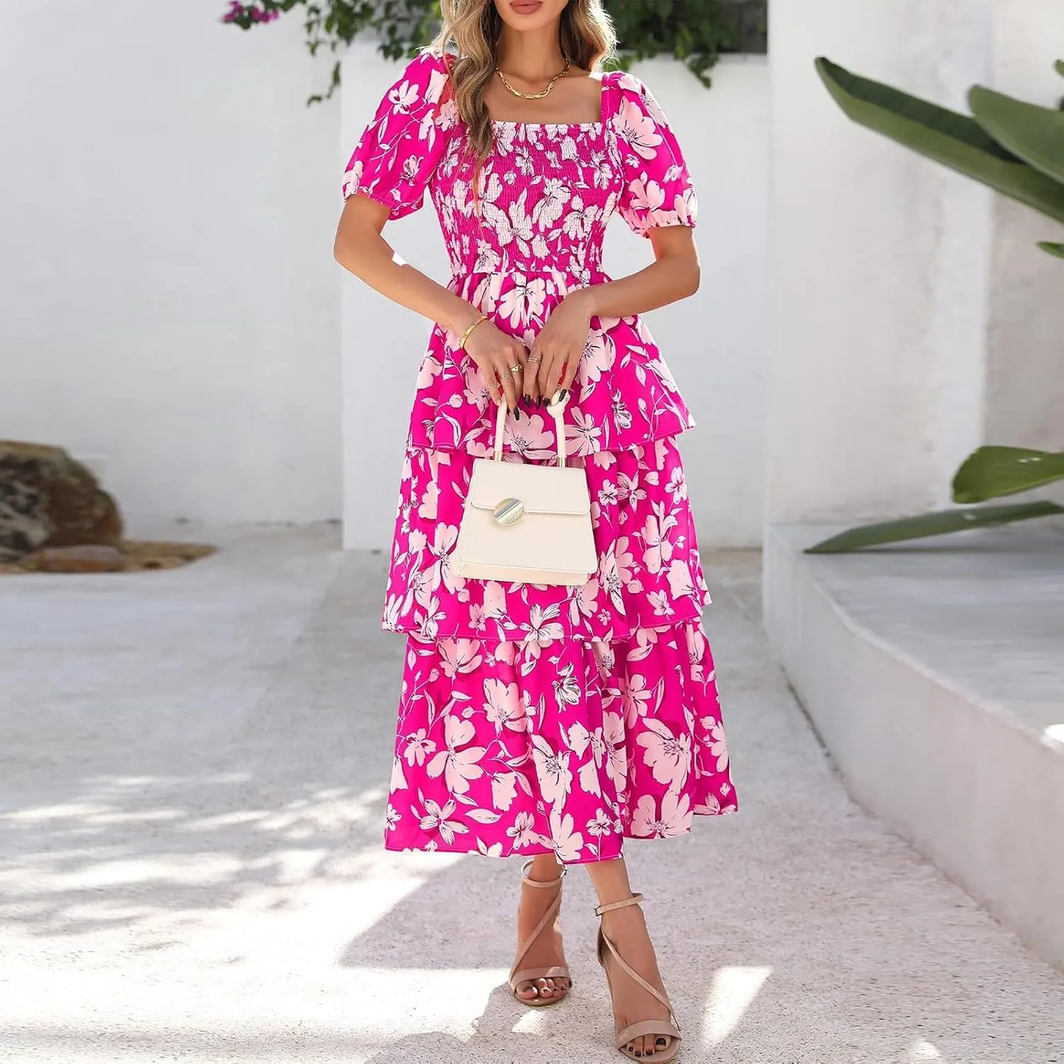 Women's 2025 Floral Summer Long Midi Dress Square Neck Short Sleeve Smocked Ruffle Tiered Layered Boho Swing Dresses