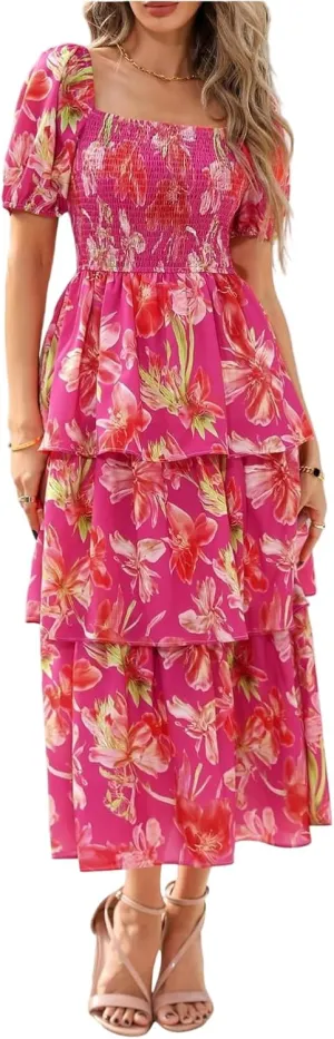 Women's 2025 Floral Summer Long Midi Dress Square Neck Short Sleeve Smocked Ruffle Tiered Layered Boho Swing Dresses