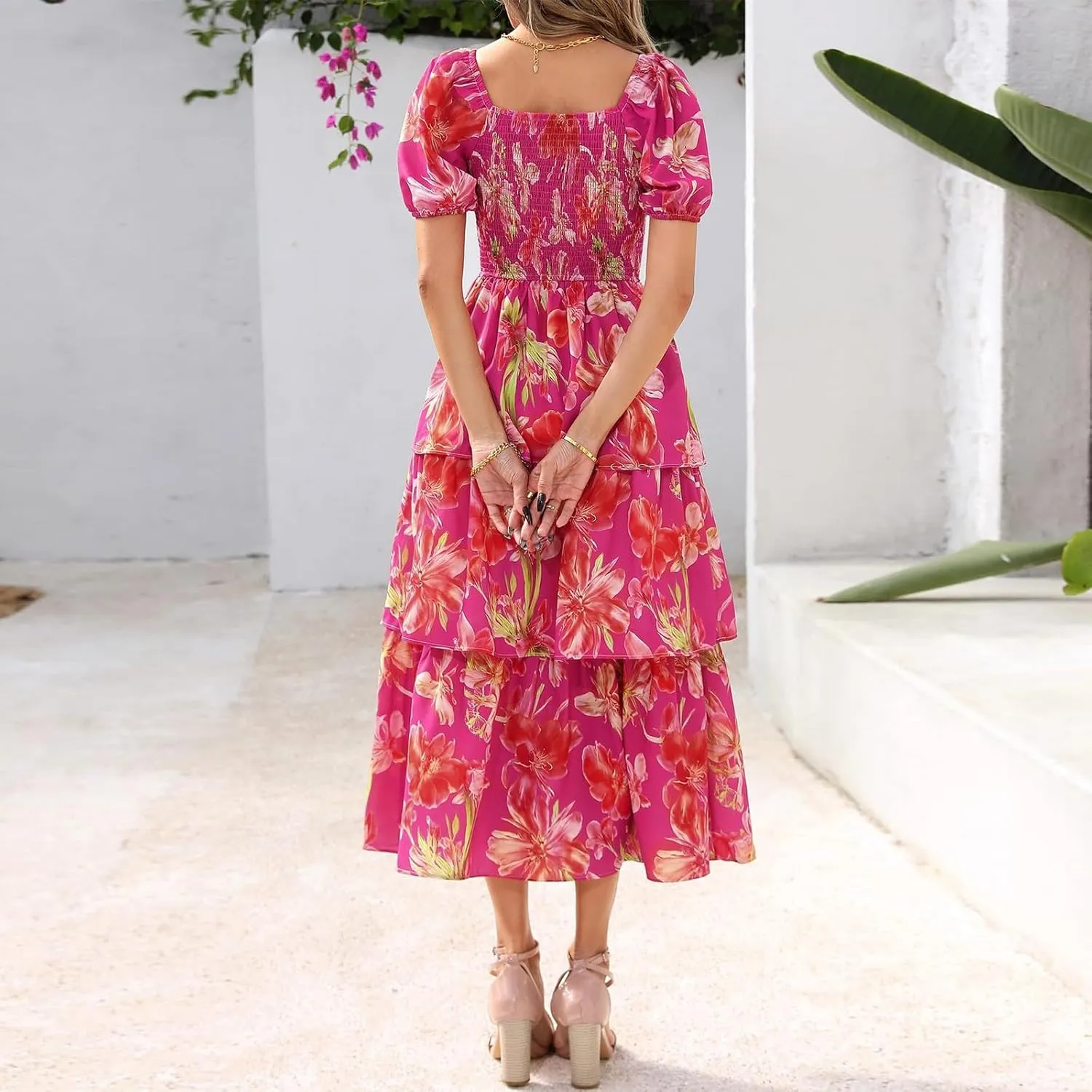Women's 2025 Floral Summer Long Midi Dress Square Neck Short Sleeve Smocked Ruffle Tiered Layered Boho Swing Dresses