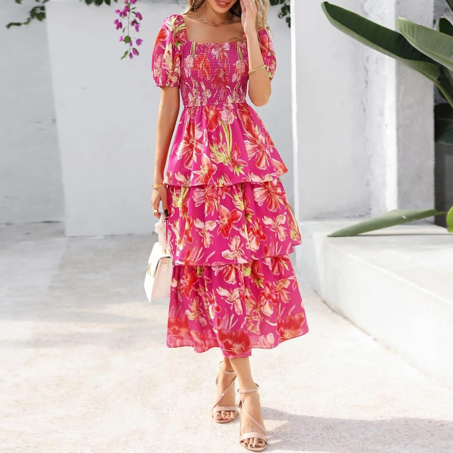 Women's 2025 Floral Summer Long Midi Dress Square Neck Short Sleeve Smocked Ruffle Tiered Layered Boho Swing Dresses