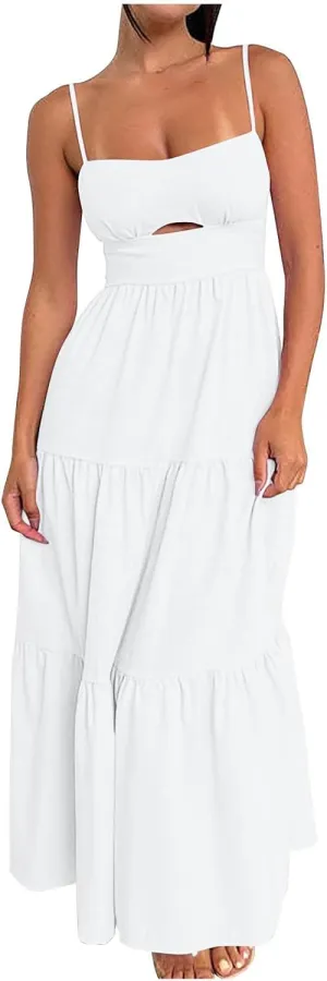 Womens 2025 Summer Maxi Dress Casual Sleeveless Spaghetti Strap Ruffle Beach Long Dress Sexy Boho Vacation Sundress
