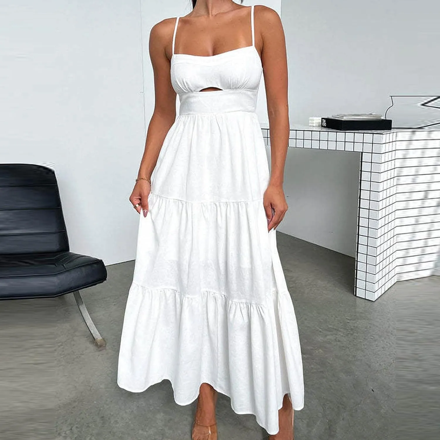 Womens 2025 Summer Maxi Dress Casual Sleeveless Spaghetti Strap Ruffle Beach Long Dress Sexy Boho Vacation Sundress