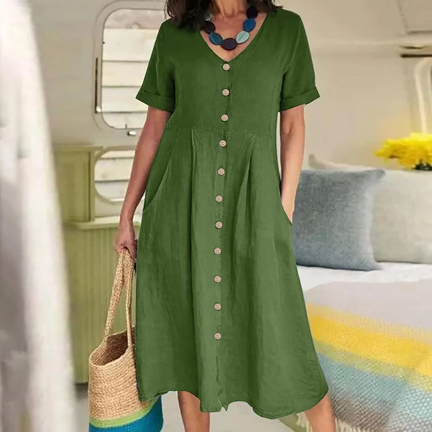 Womens Button Down Cotton Linen Empire Waist Dress Summer Trendy V Neck Short Sleeve Elegant Midi A-Line Dresses