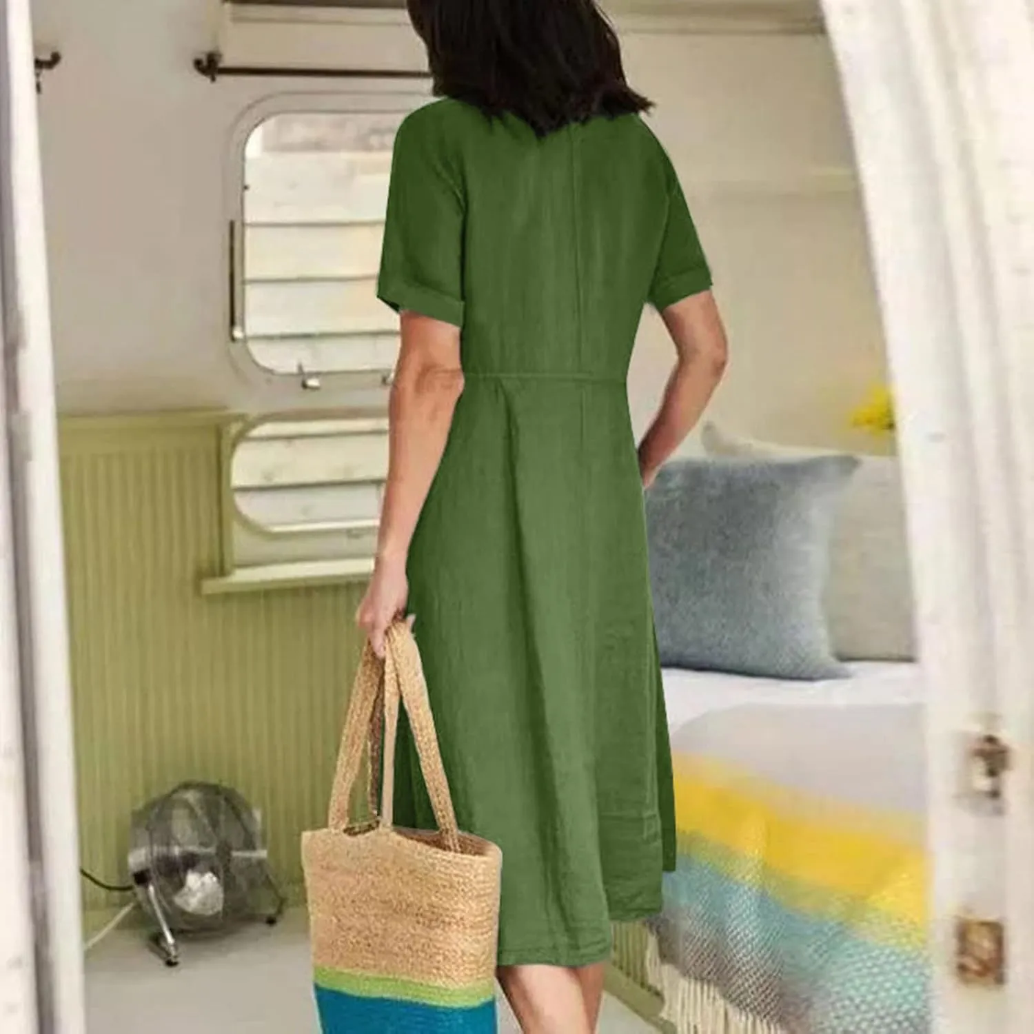 Womens Button Down Cotton Linen Empire Waist Dress Summer Trendy V Neck Short Sleeve Elegant Midi A-Line Dresses