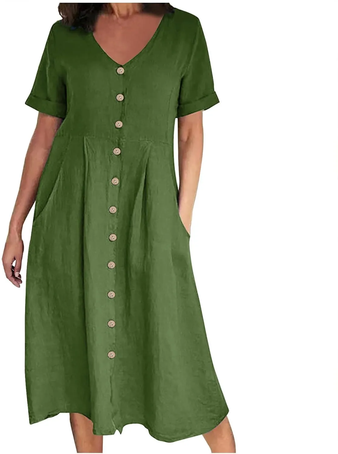 Womens Button Down Cotton Linen Empire Waist Dress Summer Trendy V Neck Short Sleeve Elegant Midi A-Line Dresses