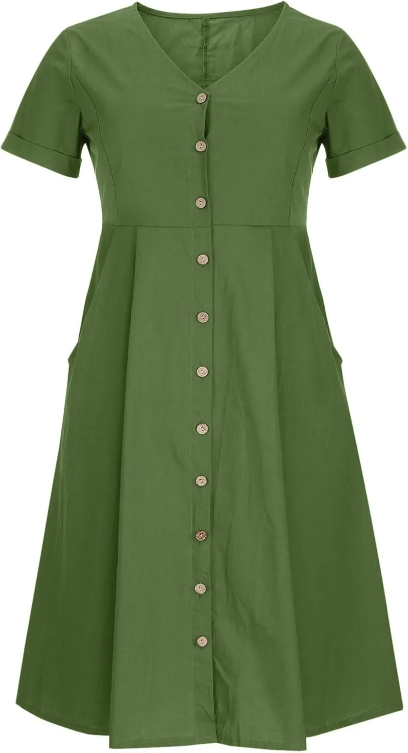 Womens Button Down Cotton Linen Empire Waist Dress Summer Trendy V Neck Short Sleeve Elegant Midi A-Line Dresses