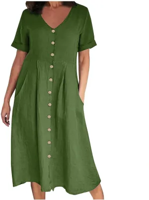 Womens Button Down Cotton Linen Empire Waist Dress Summer Trendy V Neck Short Sleeve Elegant Midi A-Line Dresses