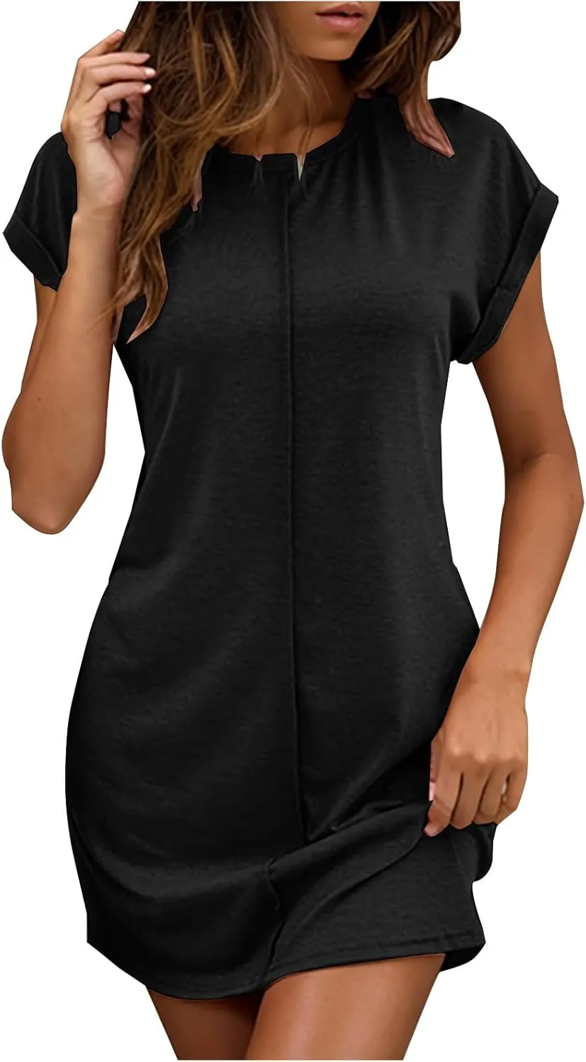 Womens Casual Comfy T Shirt Dress Summer Cuffed Short Sleeve Crewneck Mini Dresses Solid Loungewear Tunic Dress
