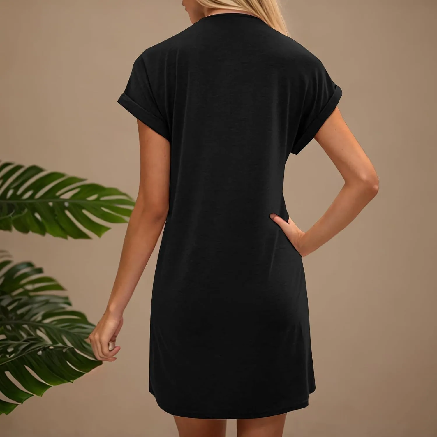 Womens Casual Comfy T Shirt Dress Summer Cuffed Short Sleeve Crewneck Mini Dresses Solid Loungewear Tunic Dress