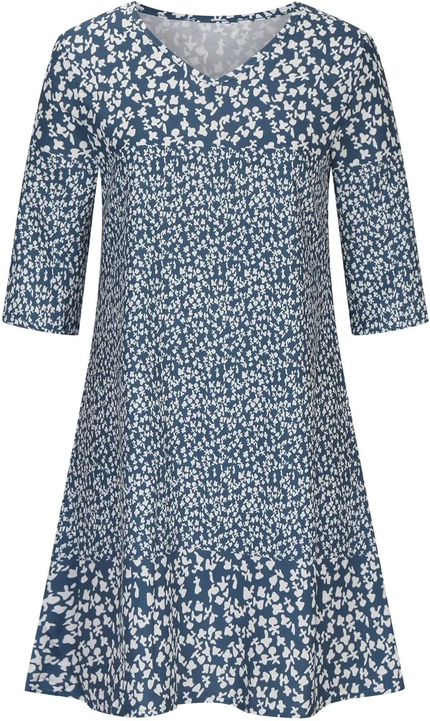 Womens Casual Dress Fashion Summer 3/4 Sleeve T-Shirt Dresses Plus Size V-Neck Loose Flowy Floral Beach Sundress