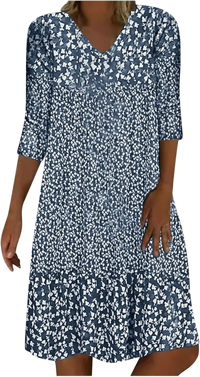 Womens Casual Dress Fashion Summer 3/4 Sleeve T-Shirt Dresses Plus Size V-Neck Loose Flowy Floral Beach Sundress