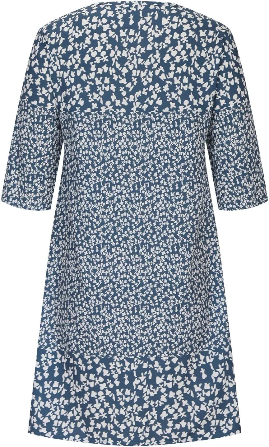 Womens Casual Dress Fashion Summer 3/4 Sleeve T-Shirt Dresses Plus Size V-Neck Loose Flowy Floral Beach Sundress