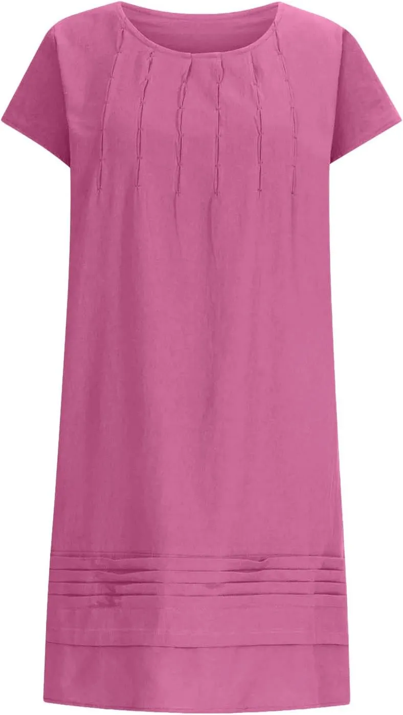 Women's Cotton Linen Midi Dress Plus Size Cap Sleeve Pleated Summer Vacation 2025 Crew Neck Casual Dresses