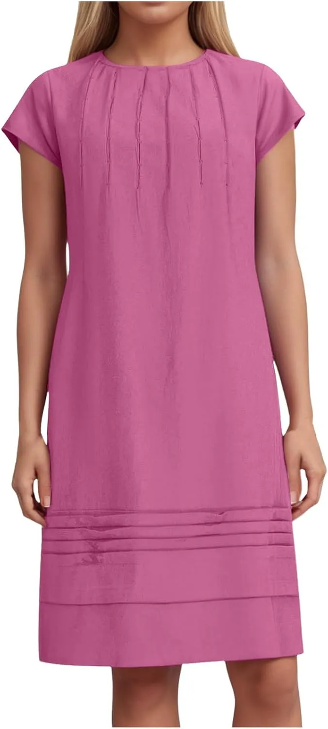 Women's Cotton Linen Midi Dress Plus Size Cap Sleeve Pleated Summer Vacation 2025 Crew Neck Casual Dresses
