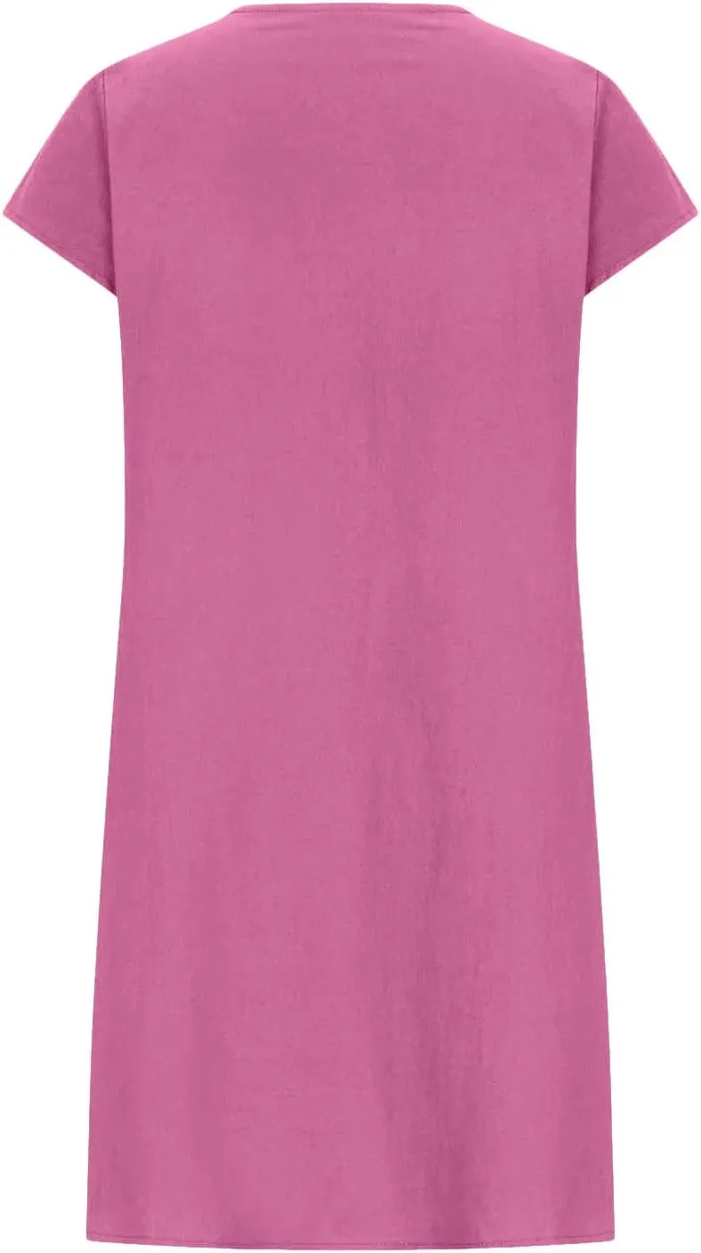 Women's Cotton Linen Midi Dress Plus Size Cap Sleeve Pleated Summer Vacation 2025 Crew Neck Casual Dresses