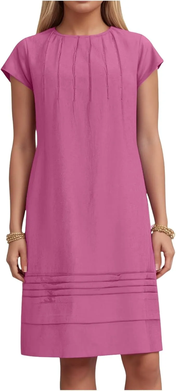 Women's Cotton Linen Midi Dress Plus Size Cap Sleeve Pleated Summer Vacation 2025 Crew Neck Casual Dresses