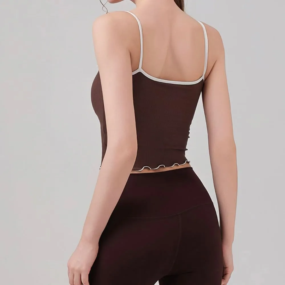 Women's Cotton Padded Sports Tank Top  Sleeveless Ribbed Camisole with Built-in Chest pad, V-Neck Polo Style