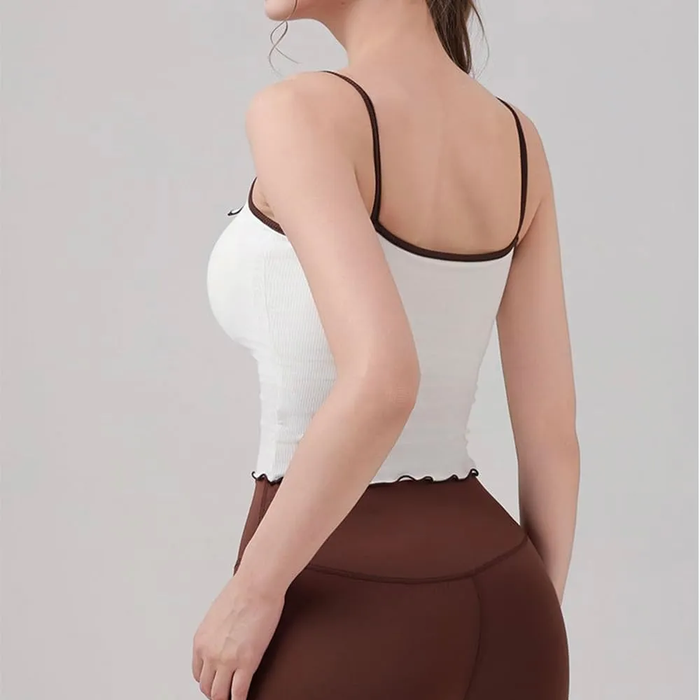 Women's Cotton Padded Sports Tank Top  Sleeveless Ribbed Camisole with Built-in Chest pad, V-Neck Polo Style