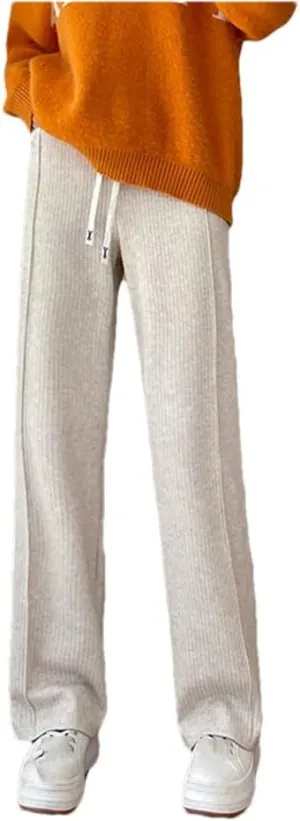 Women's Cotton Straight Leg Pants High Waist Casual Trousers with Pockets Drawstring Loose Fit Full Length