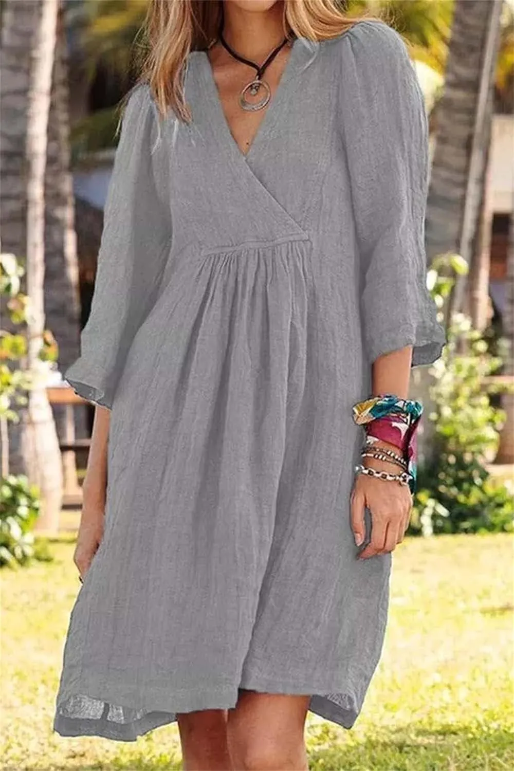 Womens Dresses for Summer Causl 3/4 Sleeve Cotton Linen Dress Loose Tunic Smocked Mini Dress Beach Travel Clothes