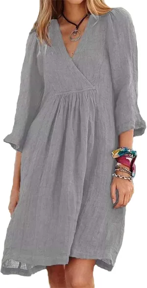 Womens Dresses for Summer Causl 3/4 Sleeve Cotton Linen Dress Loose Tunic Smocked Mini Dress Beach Travel Clothes