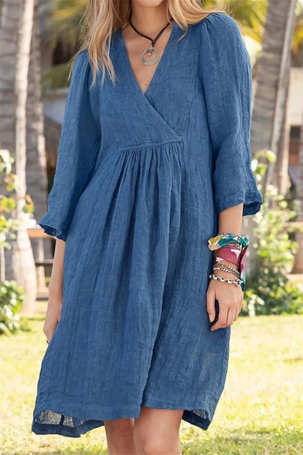 Womens Dresses for Summer Causl 3/4 Sleeve Cotton Linen Dress Loose Tunic Smocked Mini Dress Beach Travel Clothes