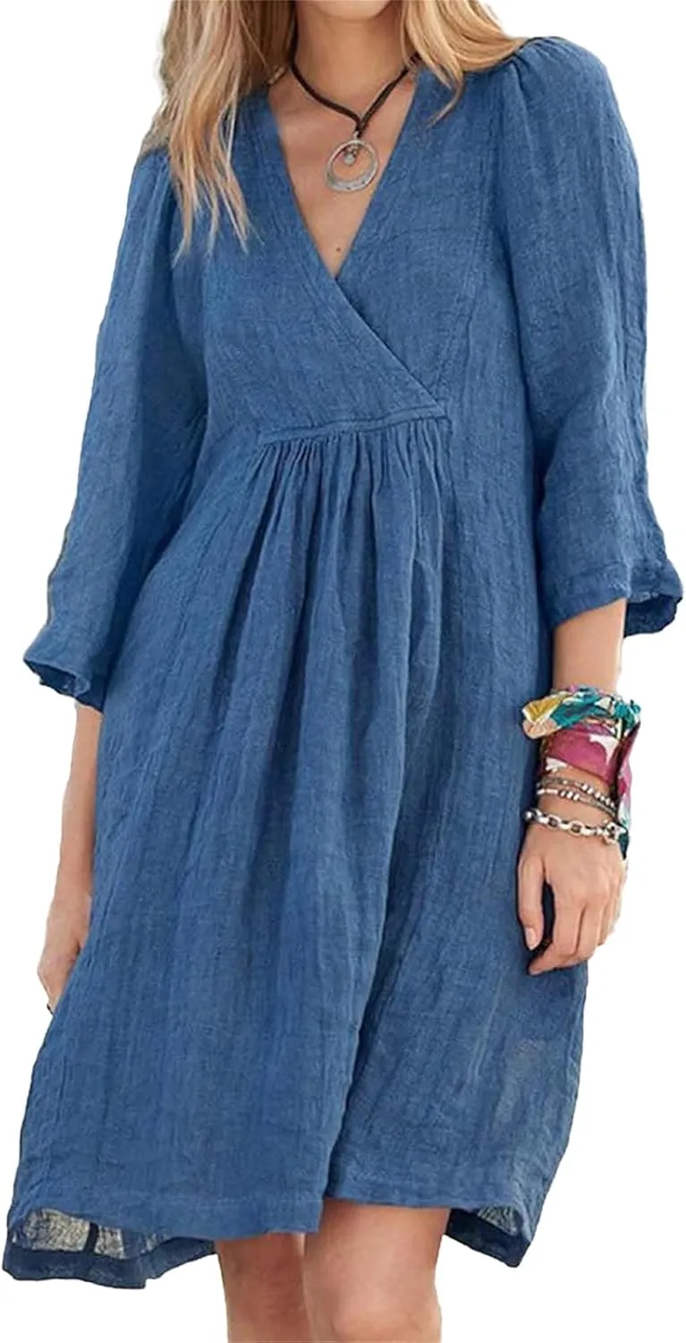 Womens Dresses for Summer Causl 3/4 Sleeve Cotton Linen Dress Loose Tunic Smocked Mini Dress Beach Travel Clothes