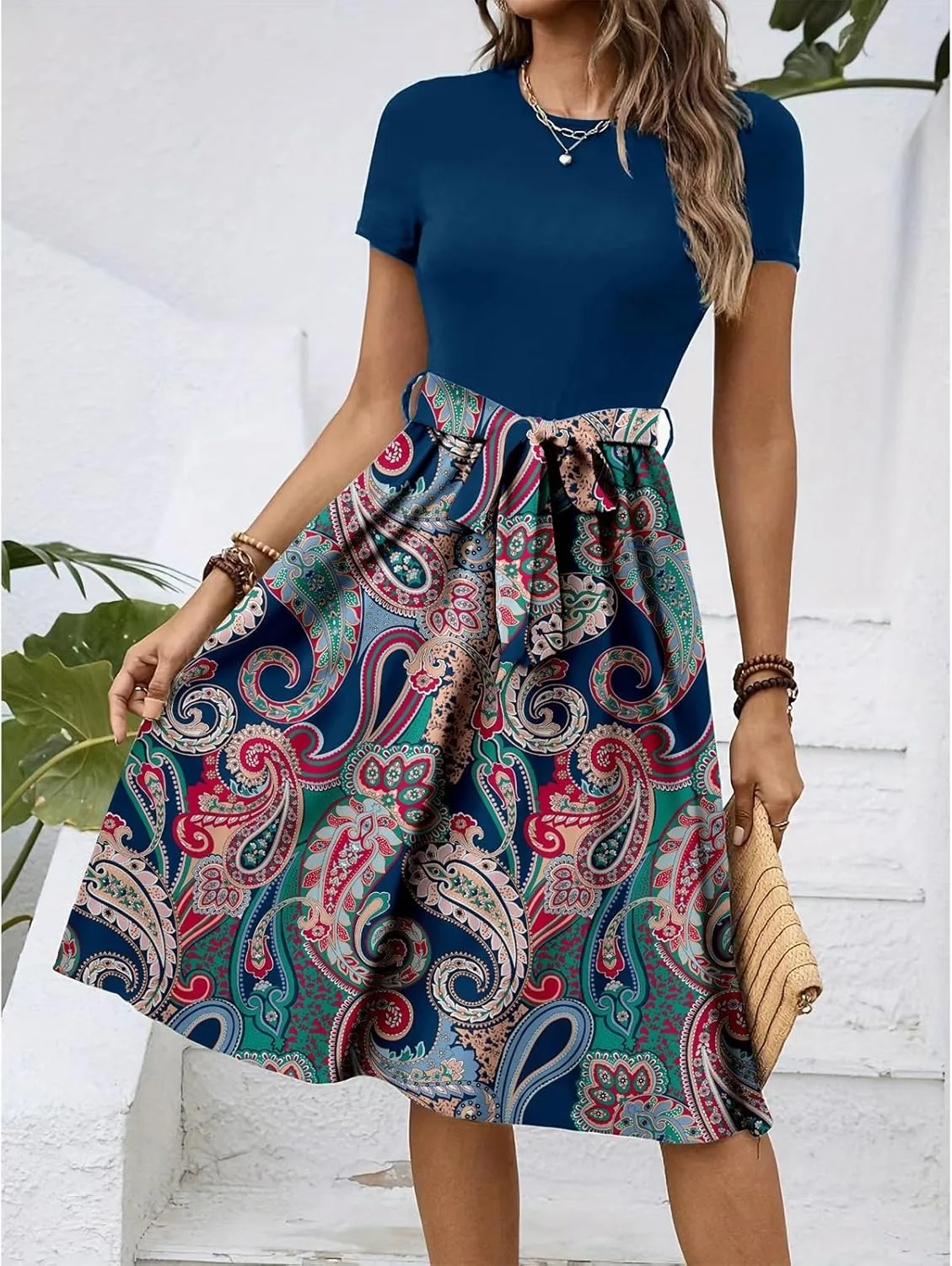 Women's Empire Waist Floral Dresses Short Sleeve Modest Midi Length Dress Summer Color Blocked Belt Dress